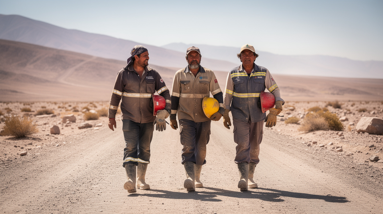 Miners walking together in a northern Chilean desert town