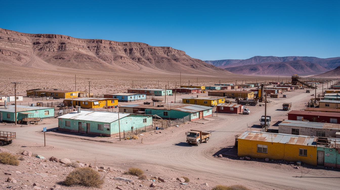 Desert landscape with small mining town in northern Chile